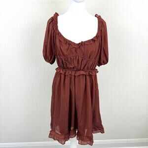 By The River Women's Swiss Dot Smocked Tiered Ruffle Mini Dress Brown Size S